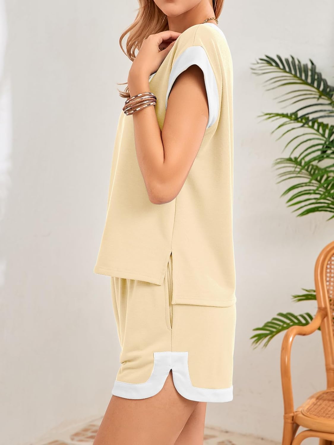 Tankaneo Womens V Neck Color Block Short Sets Summer Short Sleeve T Shirts and Shorts with Pockets Casual 2 Piece Outfits - Image 4