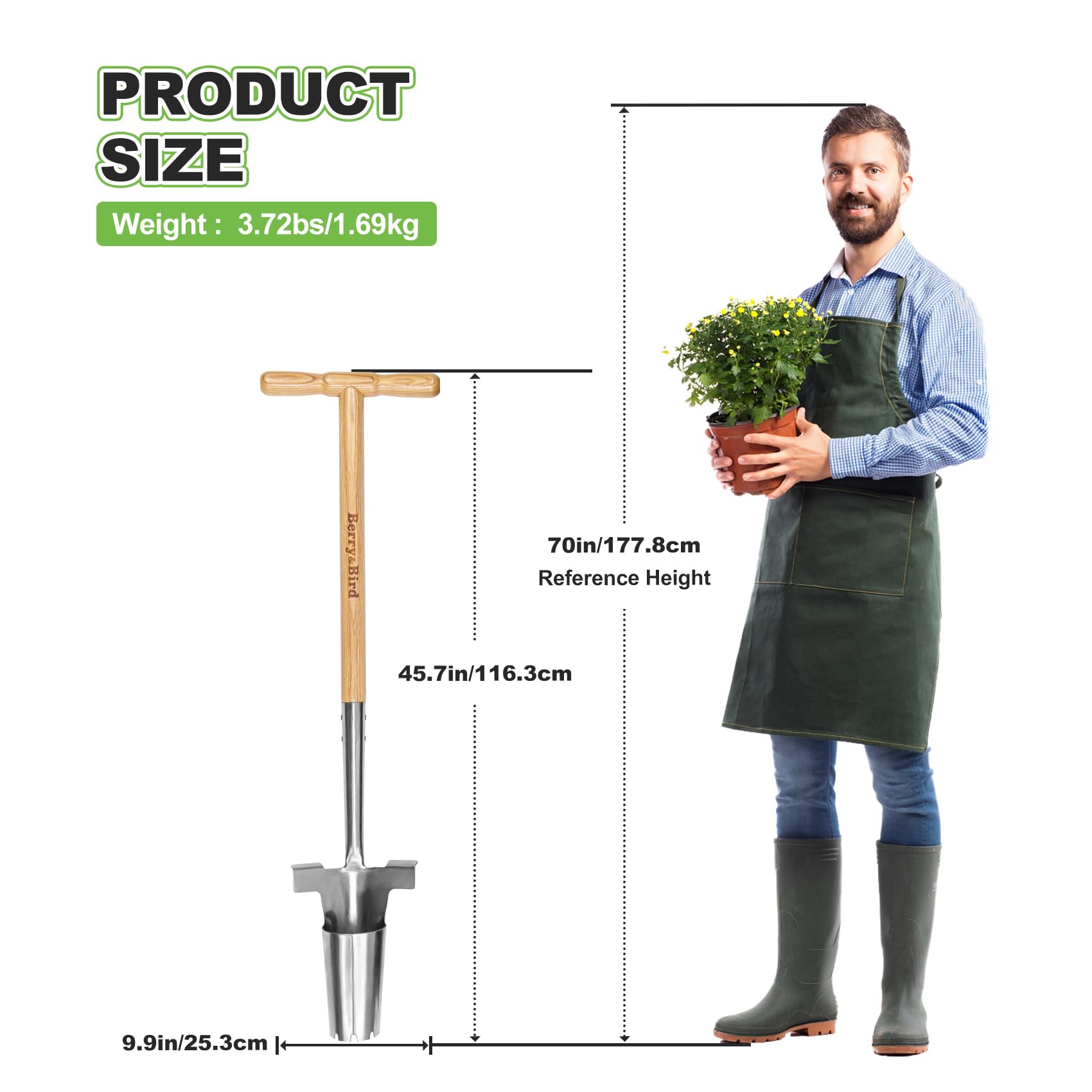 Berry&Bird Fioriera per bulbi con manico lungo in acciaio inox, manico ergonomico a T e design inferiore seghettato, strumento multiuso per scavare fori per piantare tulipani, iris, narcisi