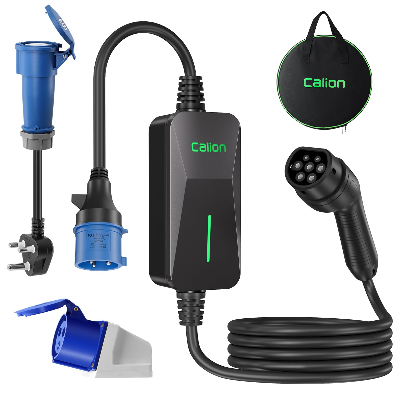 Calion 7.5kW Portable EV Charger | 32A, 1 Phase, 5m TPU Cable | 260V–260V | IP65 | Carry Bag+Holder Clips+CEE Socket | Ultra Light | LED Indicator | 10+ Advanced Safety Features | 5Yr Warranty