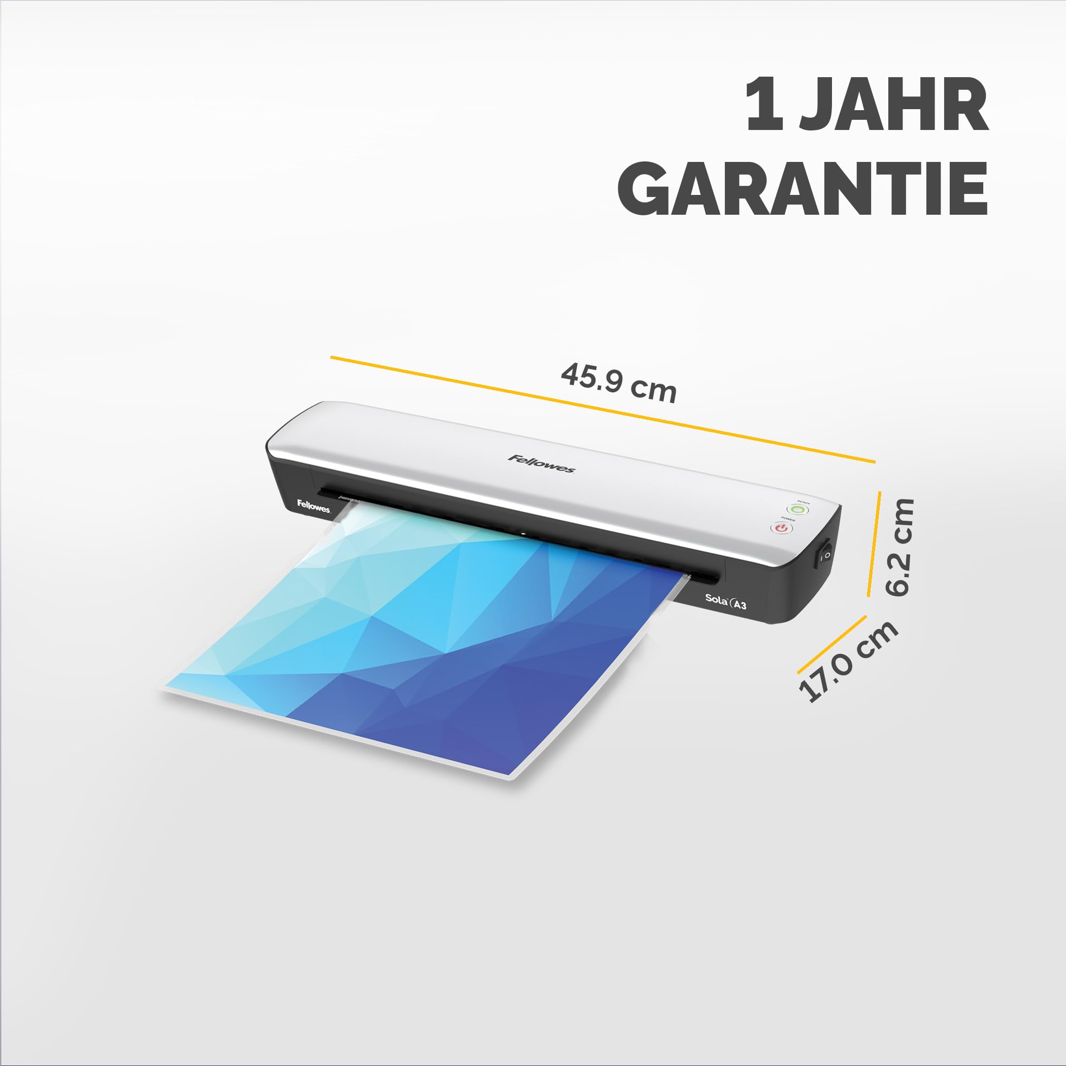 Fellowes Laminiergerät A3 Sola für Zuhause und Homeoffice, für Laminierfolien bis 125 Mikron Stärke, staufrei, Laminiergerät zum Laminieren von Fotos, Dokumenten, Rezepten, Lernkarten uvm