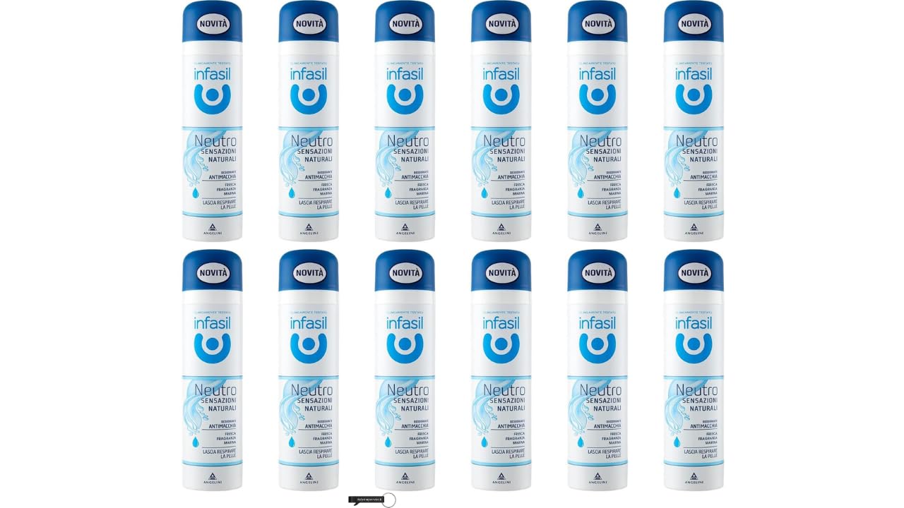 12 x Infasil Deodorant Spray Neutro Sensazioni Naturali, Meeresduft, Fleckenfreiheit, ohne Aluminiumsalze, 150 ml,+ Italy shop Kostenloser Schlüsselanhänger
