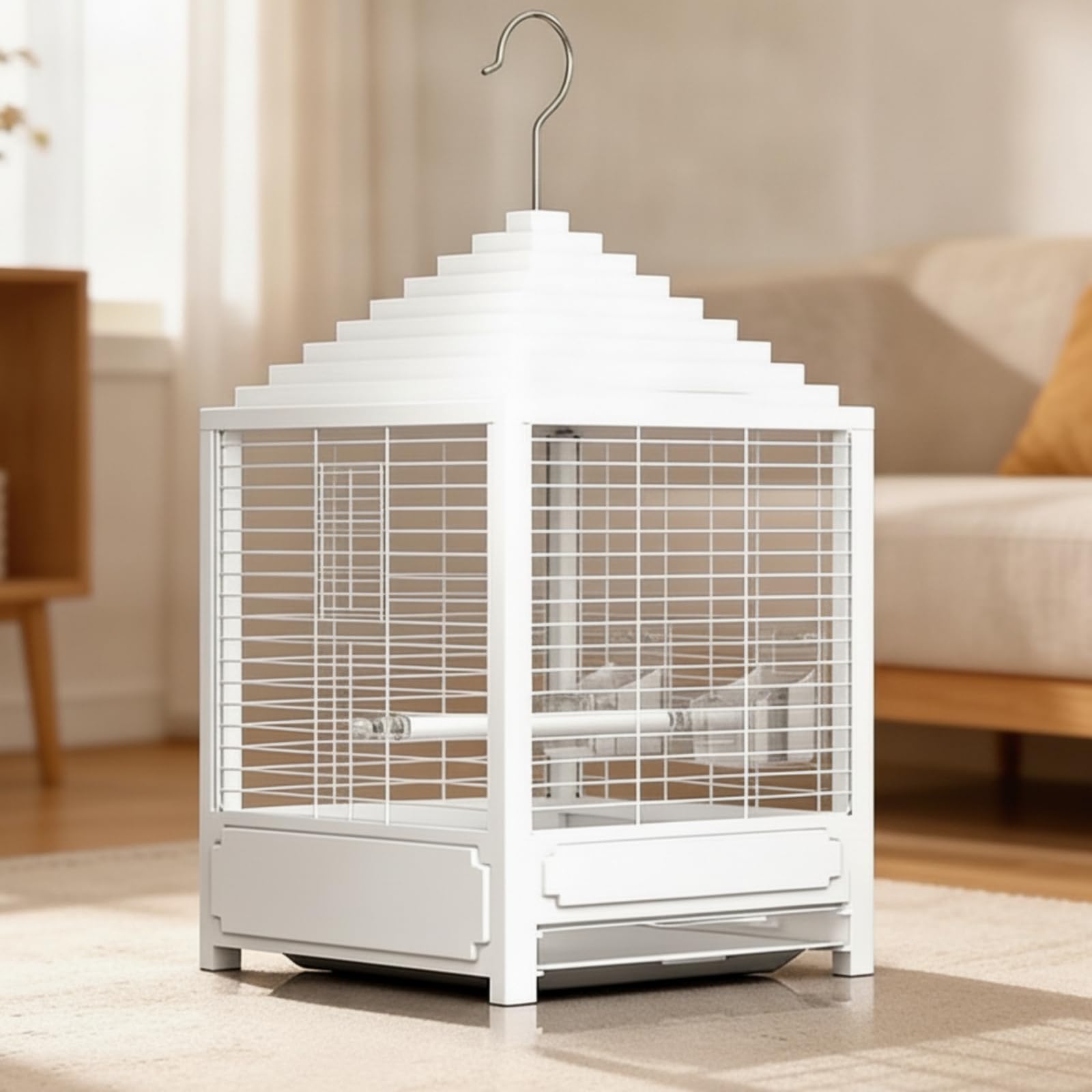 Dekokäfig mit Aufhängehaken quadratisch Vogelkäfig mit herausnehmbarer Bodenschale kompakt Vogelgehege für Wohnzimmer, Balkon