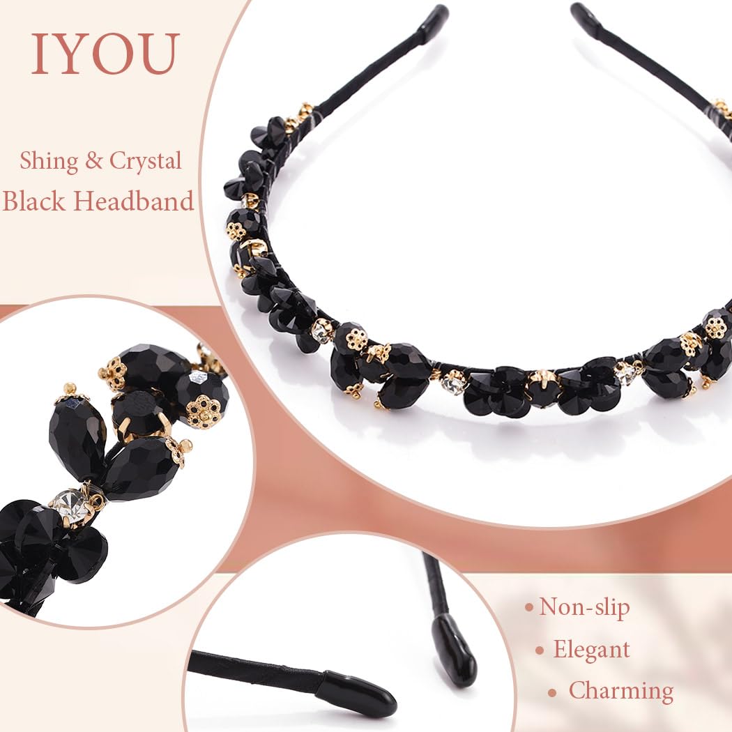 IYOU Vintage Crystal Headband Black Shiny Rhinestone Hair Bands Party Prom Headwear Hair Accessories for Women - Image 4