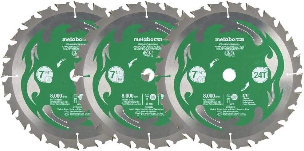 Hitachi 115430 7-1/4” Circular Saw Blades, 3-Pack, 24T Framing/Ripping VPR Blades, High Performance Micro Grain Tungsten Carbide, 5/8" Diamond Arbor
