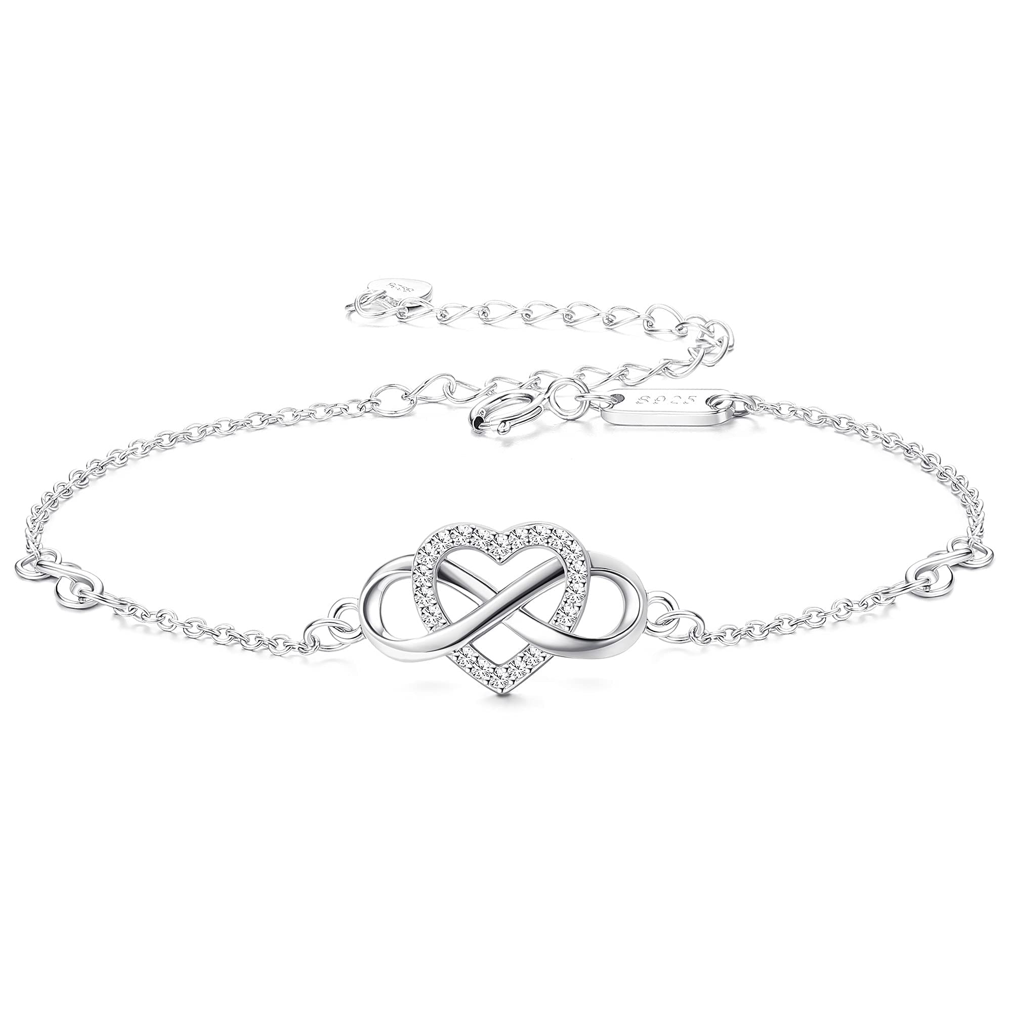 Finrezio Pulsera de plata de ley 925 con corazón infinito para mujer, pulsera ajustable con dije de circonita para el día de la madre, joyería para el día de San Valentín, 6.7 inches, Plata de ley,