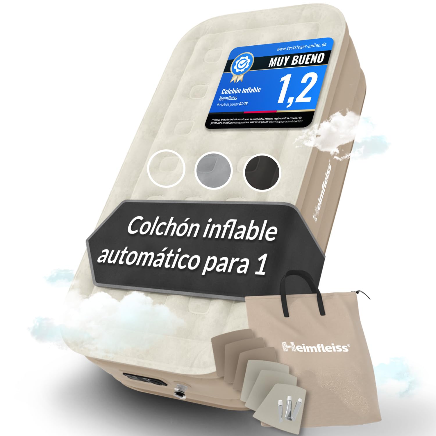 Heimfleiss® Premium Colchón Hinchable Individual Para Invitados | Autohinchable Eléctrico con Bomba Integrada | PVC Resistente Antipinchazos Velour 100x200 x 45 cm | Cama Inflable para Camping | Beige