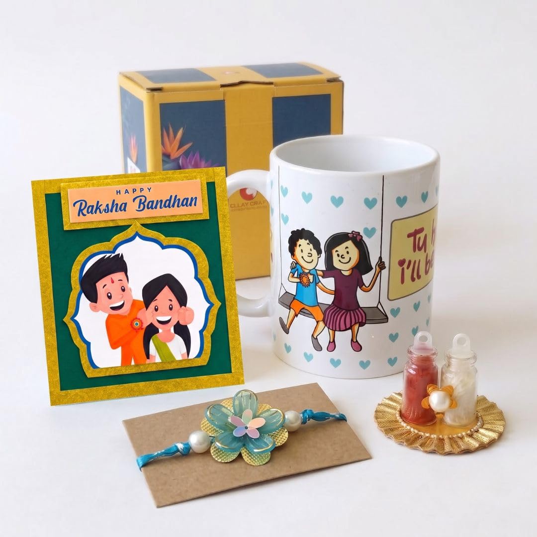 Clay Craft "Tu Hai to I'll Be Alright Printed Raksha bandhan Mug & Rakhi Gift Set Combo for Brother/Sister - (1 pc Mug + 1 Designer Hand-Made Rakhi + 1 Greeting Card + Cute Roli Chawal Bottles)-image-4