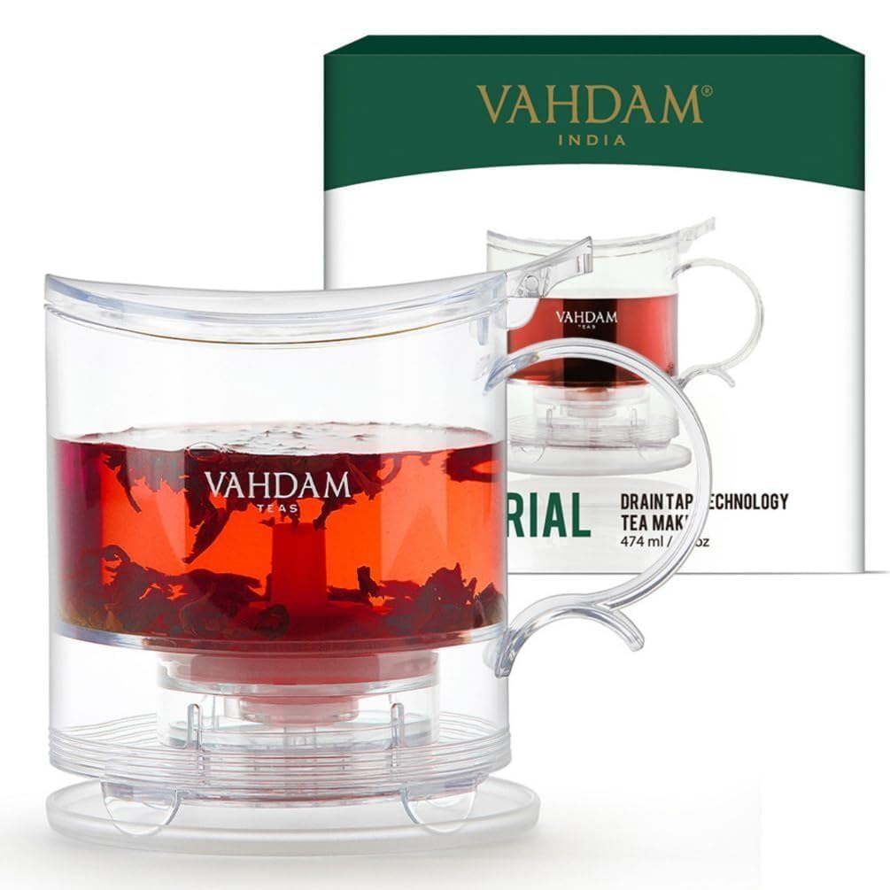 VAHDAM, Teekanne für losen Tee mit integriertem Tassennetzsieb | 474 ml | BPA-frei | Tropffreies Design | Ideal für heißen & kalten Tee