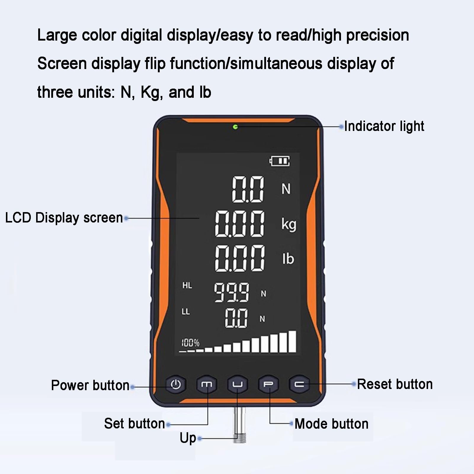 Probador digital de empuje y tracción, medidor de fuerza portátil con 5 sondas, 3 modos N/kg/lb, sensor integrado para pruebas de compresión y tensión