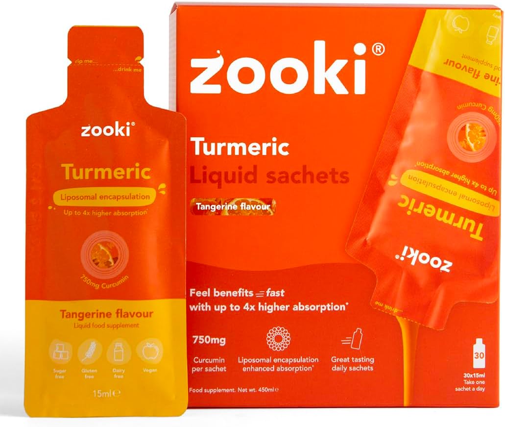 Zooki Liposomal Curcumin 750mg Liquid Turmeric Sachets, High Strength Turmeric Curcumin Supplement, Antioxidant Support, Vegan Liposomal Curcumin Liquid Turmeric (Tangerine Flavour, 30 Servings)