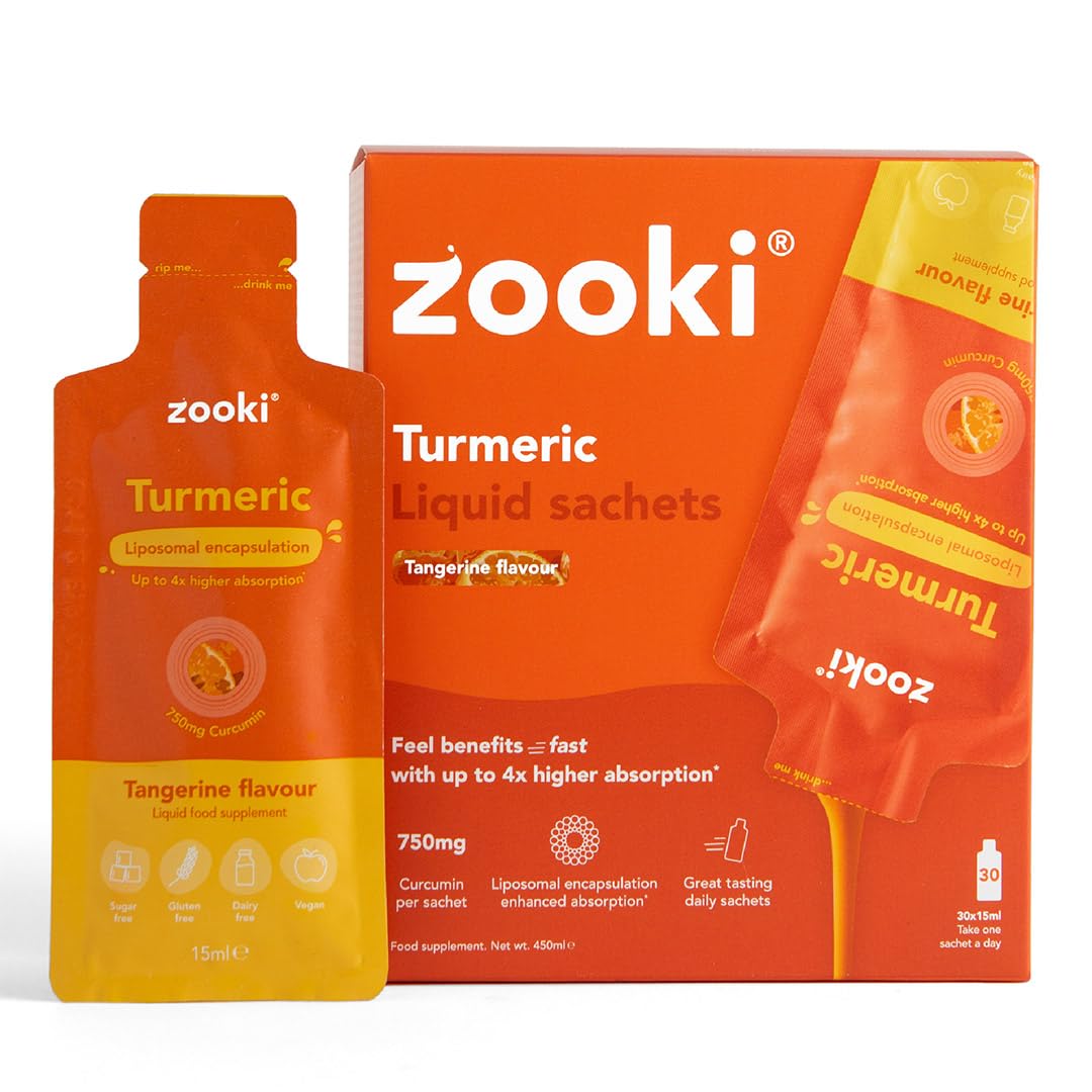 Zooki 750mg Liposomal Curcumin from Turmeric Liquid Sachets | 4X Higher Absorption | Vegan, Allergen Free, Natural Ingredients | (Tangerine Flavour, 30 Servings)