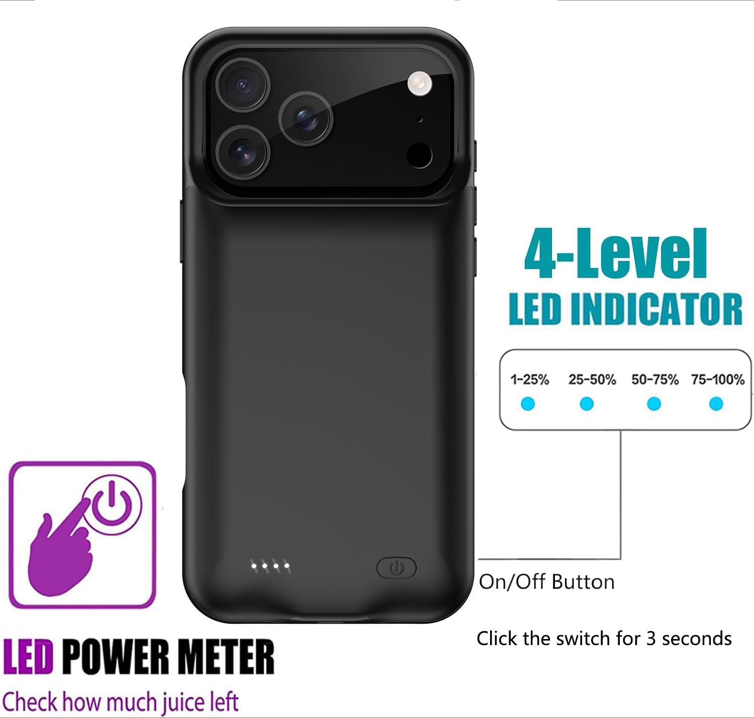 Carcasa de batería para iPhone 17 Pro Max, funda recargable portátil para teléfono, batería externa portátil 10000mAh, funda protectora con cargador externo, negro