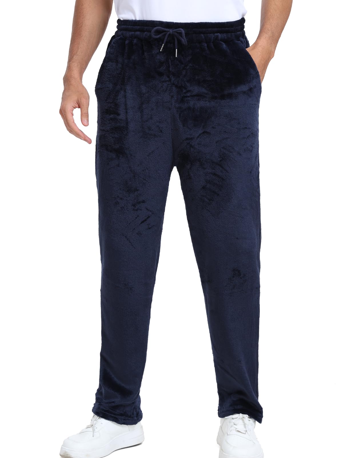 Yukiuiny Herren Fleece Pyjamahose Lange Schlafhose mit Taschen Gummizug Weiche Warme Flanell Lounge Hose für Winter
