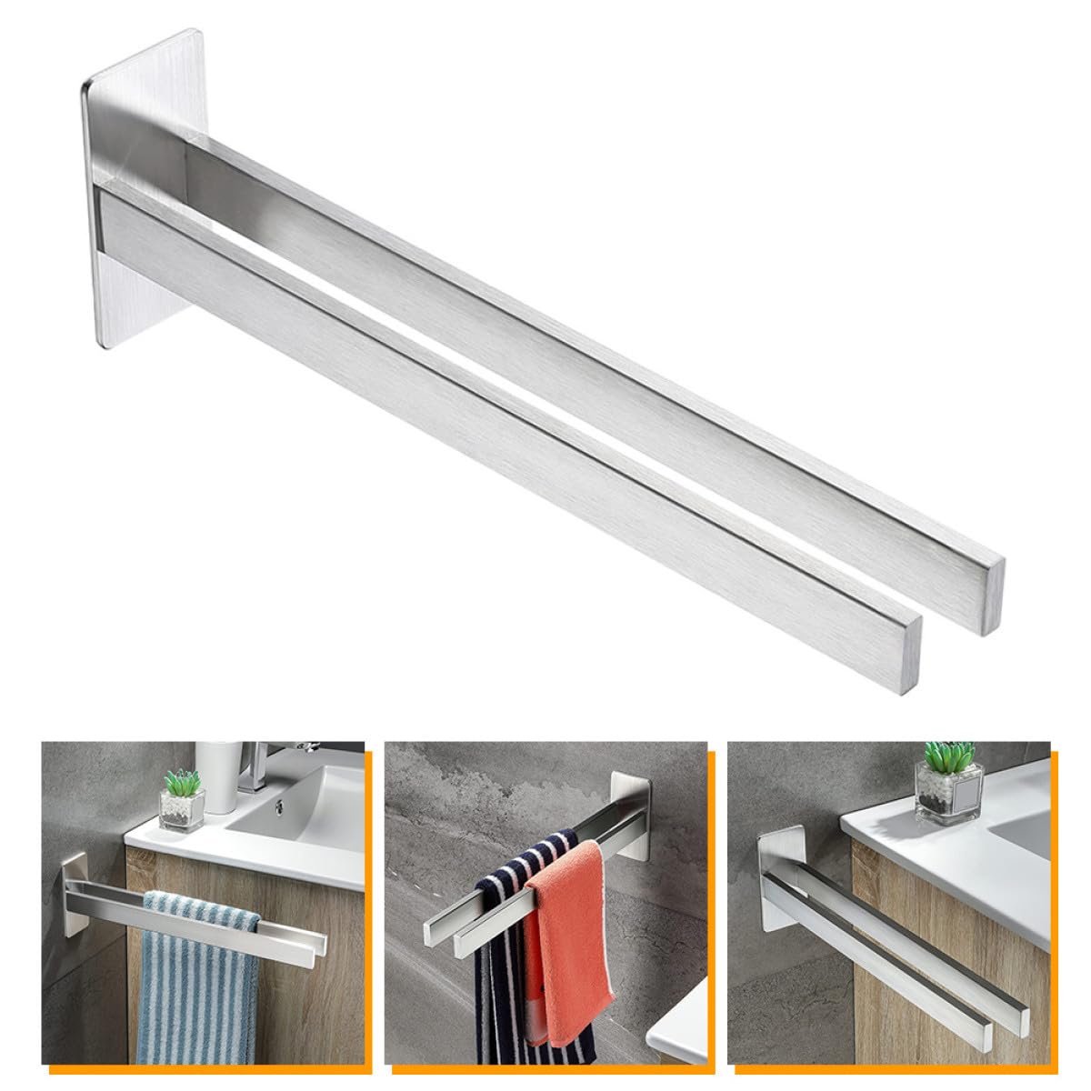 TIDTALEO Mensola Portasciugamani da Bagno in Acciaio Inox 304 senza Fori Portasciugamani Doppio Palo 39 CM Installazione Adesiva per Cucina e Bagno