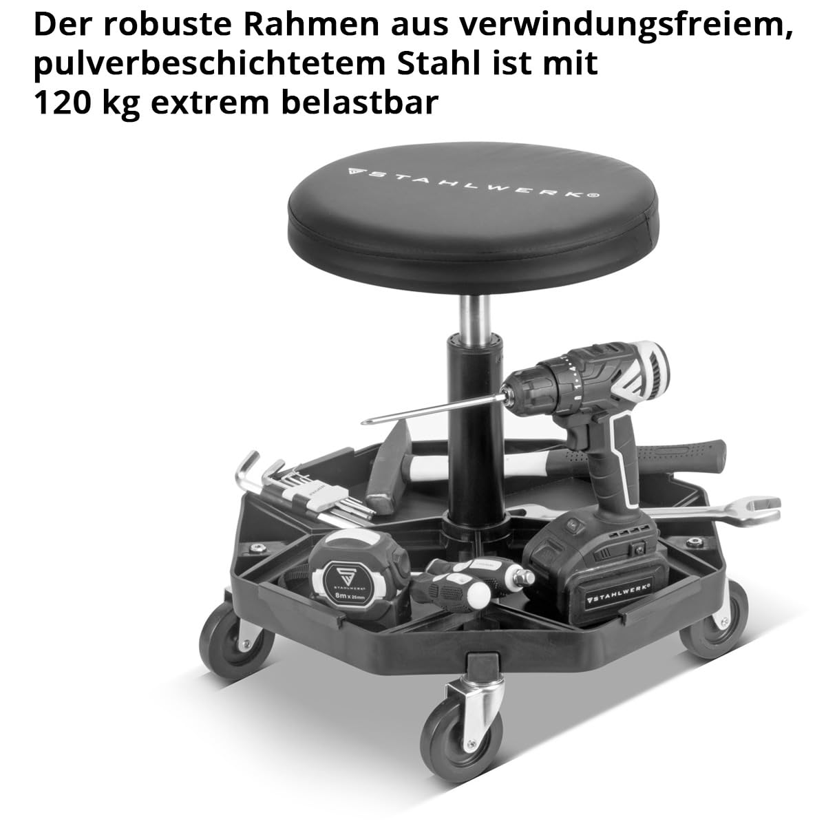 STAHLWERK Taburete de Taller WRH-57 ST con Capacidad de Carga de 120 kg Asiento de Taller | Silla de Taller | Taburete rodante | Taburete de Trabajo | Asiento con Ruedas para Taller con Ruedas de