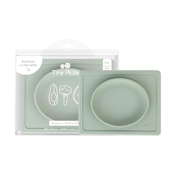 ezpz Tiny Plate (Sage) - 6 Months+ 100% Silicone Suction Placemat + Plate for Infants - Fits on Most Highchair Trays - Baby Led Weaning Supplies