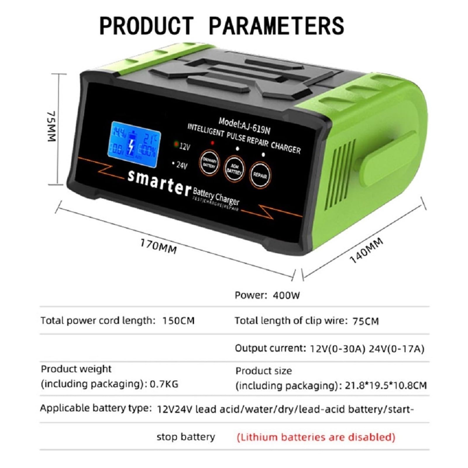 Chargeur De Batterie Voiture 12V/24V 6 400AH Type Réparation Intelligente Automatique Universel Bateau Moto Chargement Rapide Puissant