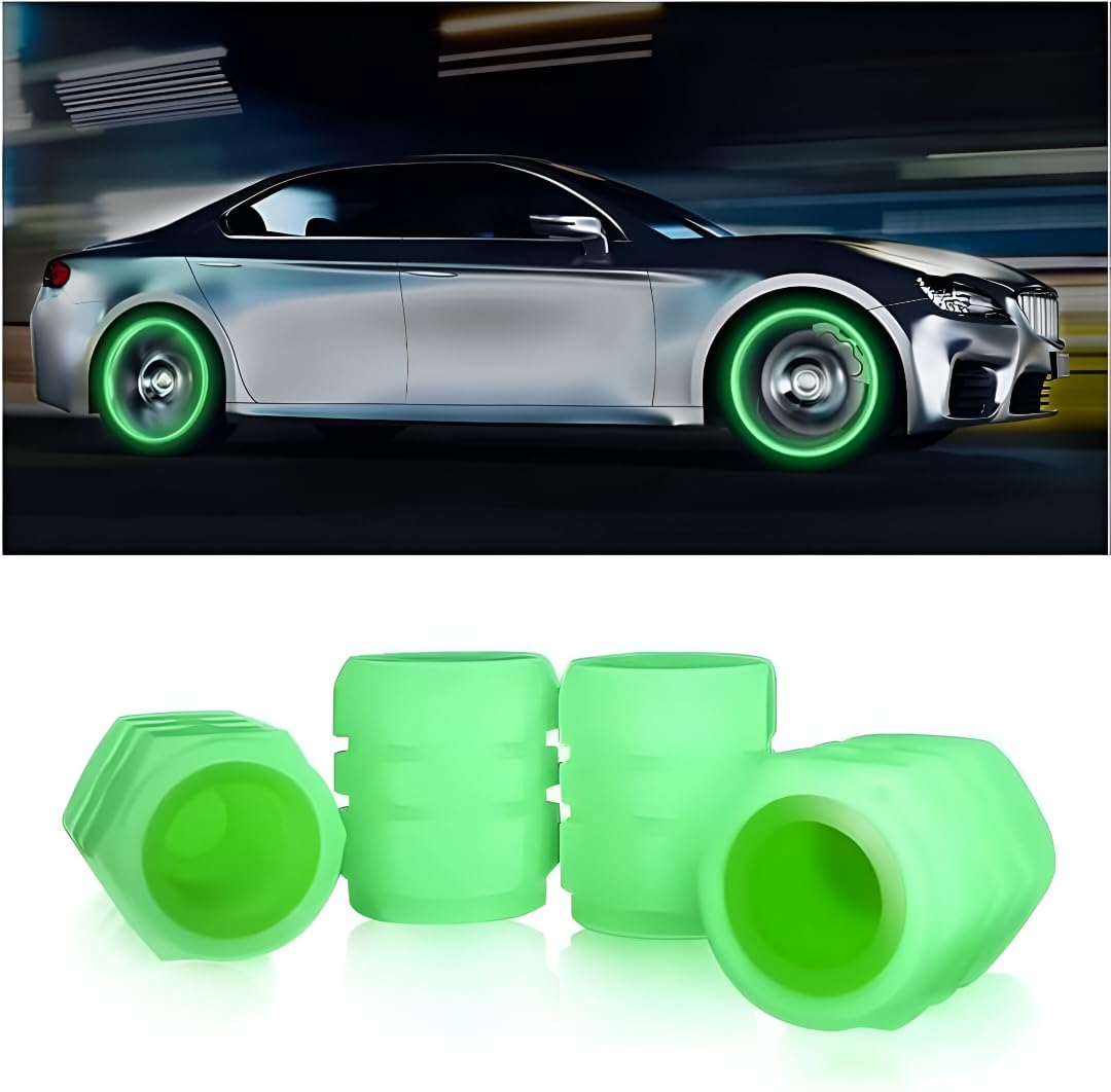 MAPPERZ 4Pcs Radium Valve Cap for Tire Stem Caps Universal for Car, Bikes, Trucks, Tyre Fluorescent Glow in The Dark Air Cover, Tire Pressure Radium Caps, Modification & Decoration Accessories (Green)
