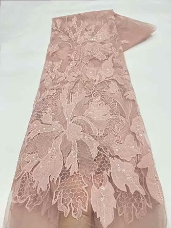French Lace Fabric with Embroidered Floral Pattern Sequins and Beads for Elegant Dresses and Wedding Decorations Light Brown,5 Yards