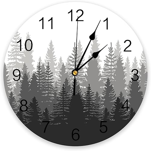 Miniatura 9 de Reloj de pared con árbol del bosque, funciona con pilas, reloj de pared silencioso de PVC sin tictac de 10 pulgadas, paisaje forestal brumoso,