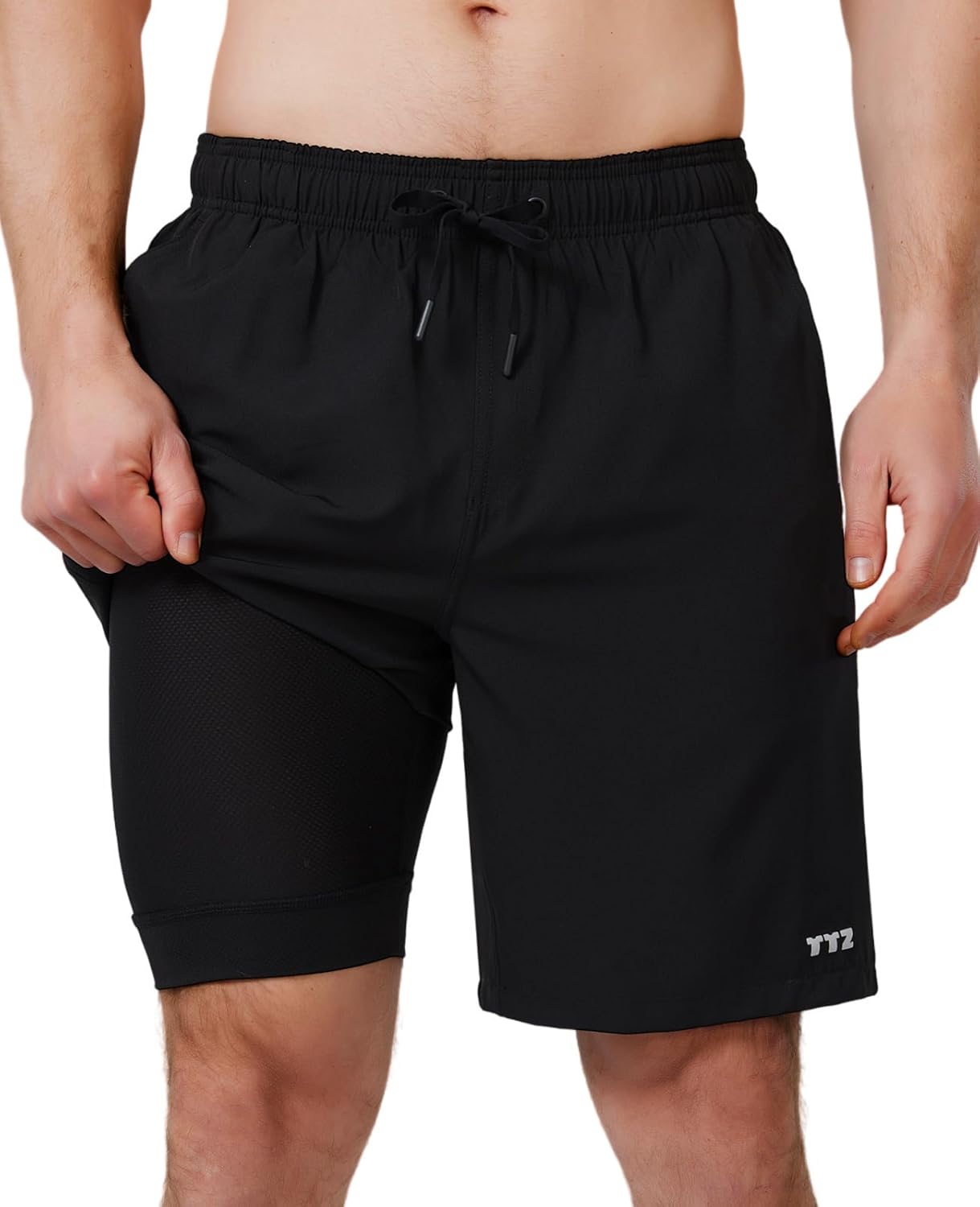 TTZ Mens 9" Swim Trunks UPF 50+ with Compression Liner Medium Black