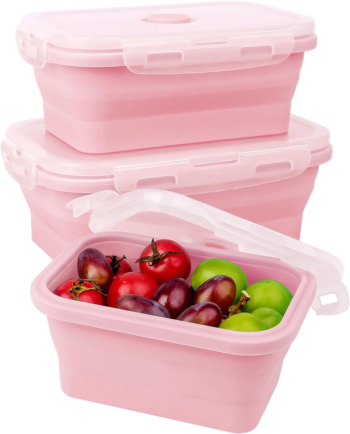 MECHEER Collapsible Silicone Lunch Box Meal Prep Containers Reusable Food Storage Containers with Airtight Lids - Freezer & Microwave Safe, Stackable Lunch Box Bento Box Set of 3, Pink