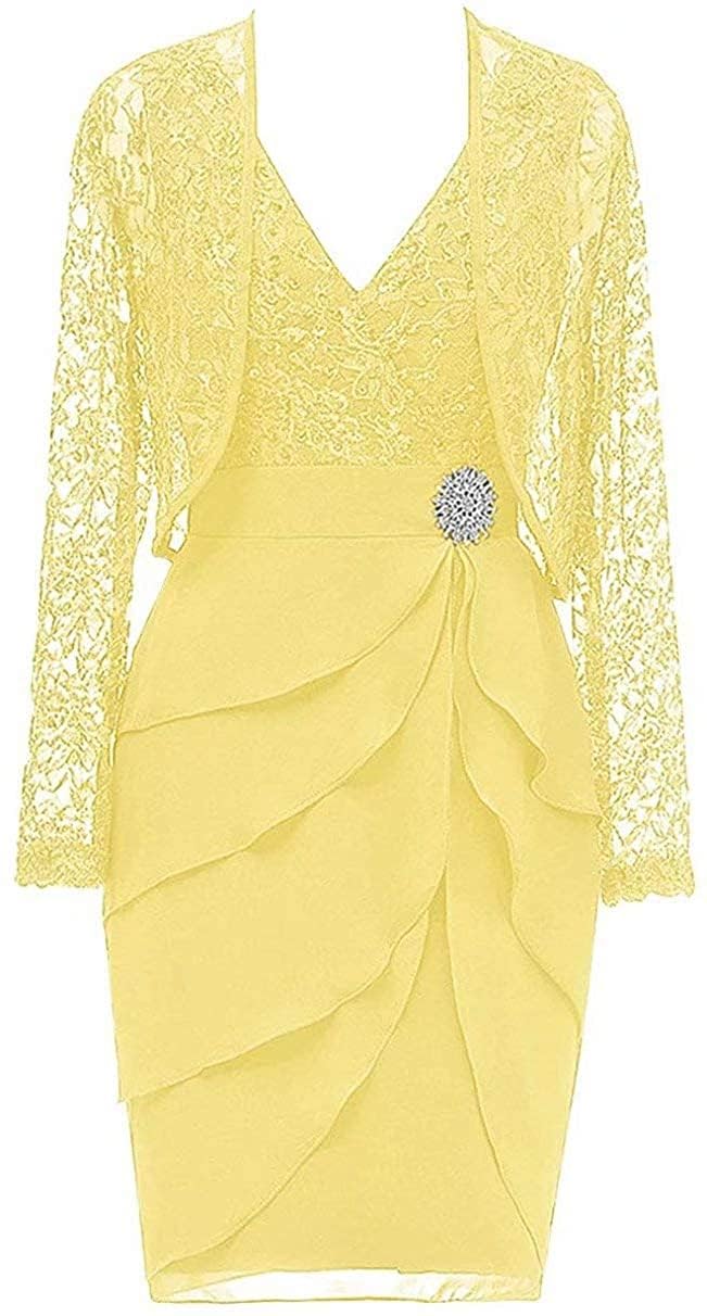 Wseyu Women's Yellow Mother Of The Bride Groom Dresses With Jacket Lace Long Sleeve Evening Formal Prom Gowns For Wedding Zm047 Uk18
