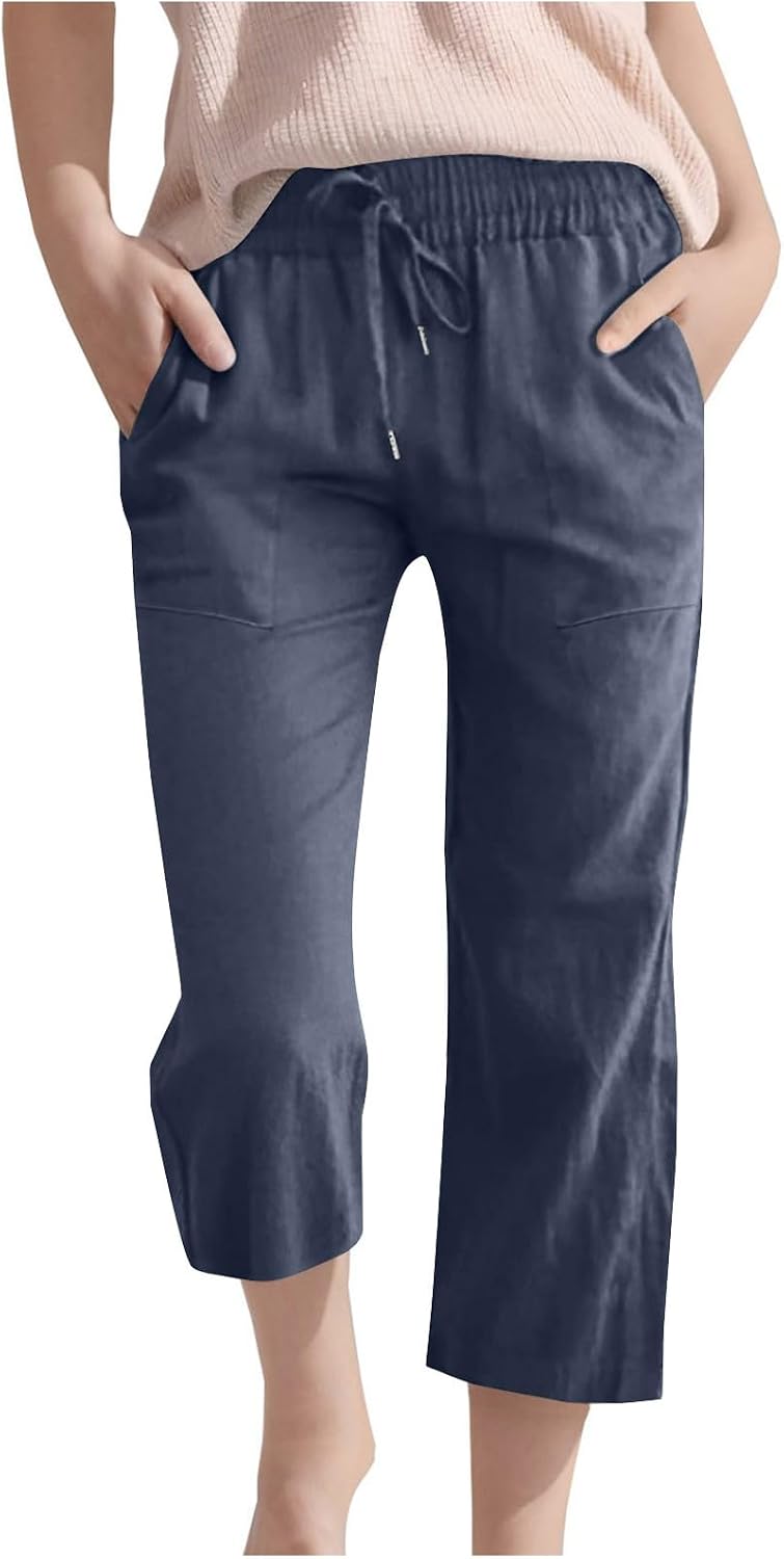Cotton Linen Capri Pants for Girls Straight Wide Leg Stretchy Drawstring Pants Summer Casual Plain Palazzo Trousers