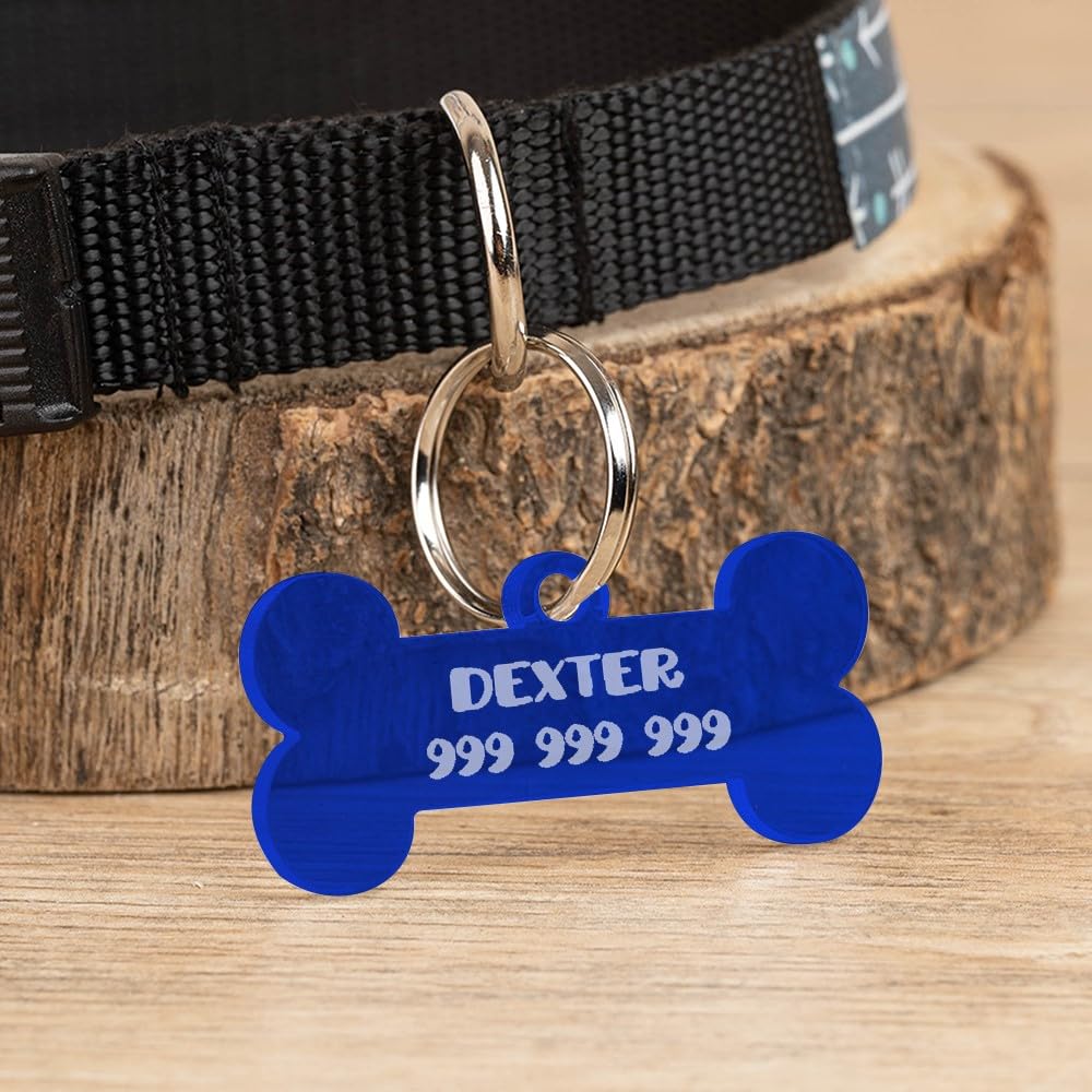 Wanapix | Chapa Personalizada Perros/Gatos/Mascotas | Placa/Etiqueta Identificativa con Nombre y Teléfono | Metacrilato Grabado | Medalla Hueso | Pequeña 4x2,2cm - Azul