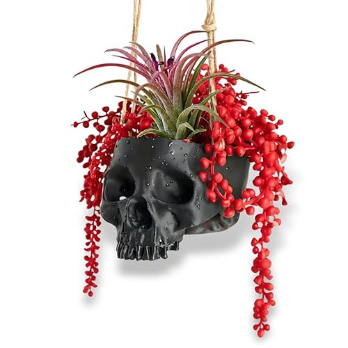 Resin Air Plant Holders,Tilandsia Container,Gothic Skeleton Planter,Halloween Plant Pot,Tillandsia Pot, Skull Table Top Display Planters for Air Plants and Other Mini Plants (Black, 3.9*5.5*3.2'')