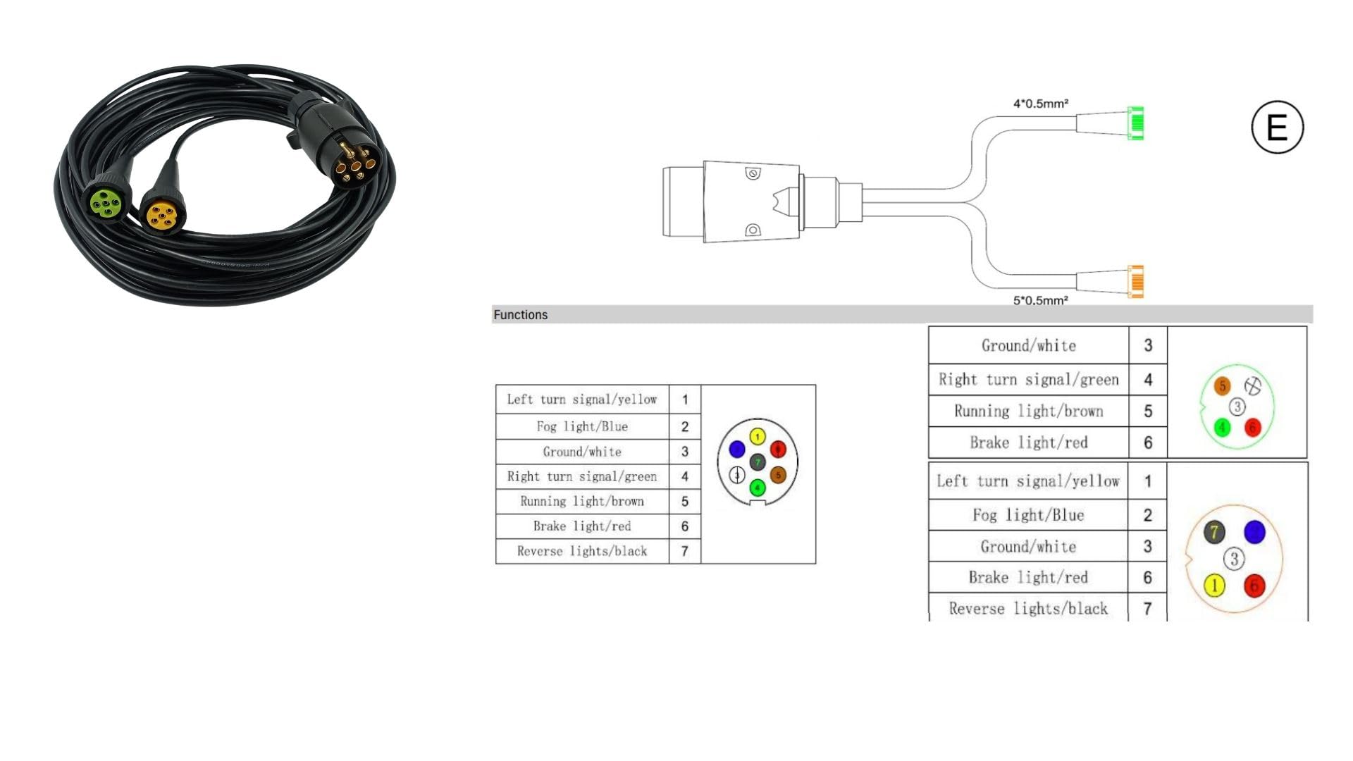 Generisch Câble de remorque, 7 broches, 3,5 m, avec connexion à baïonnette, jeu de câbles, pré-câblé, pour remorque, camion, voiture, noir