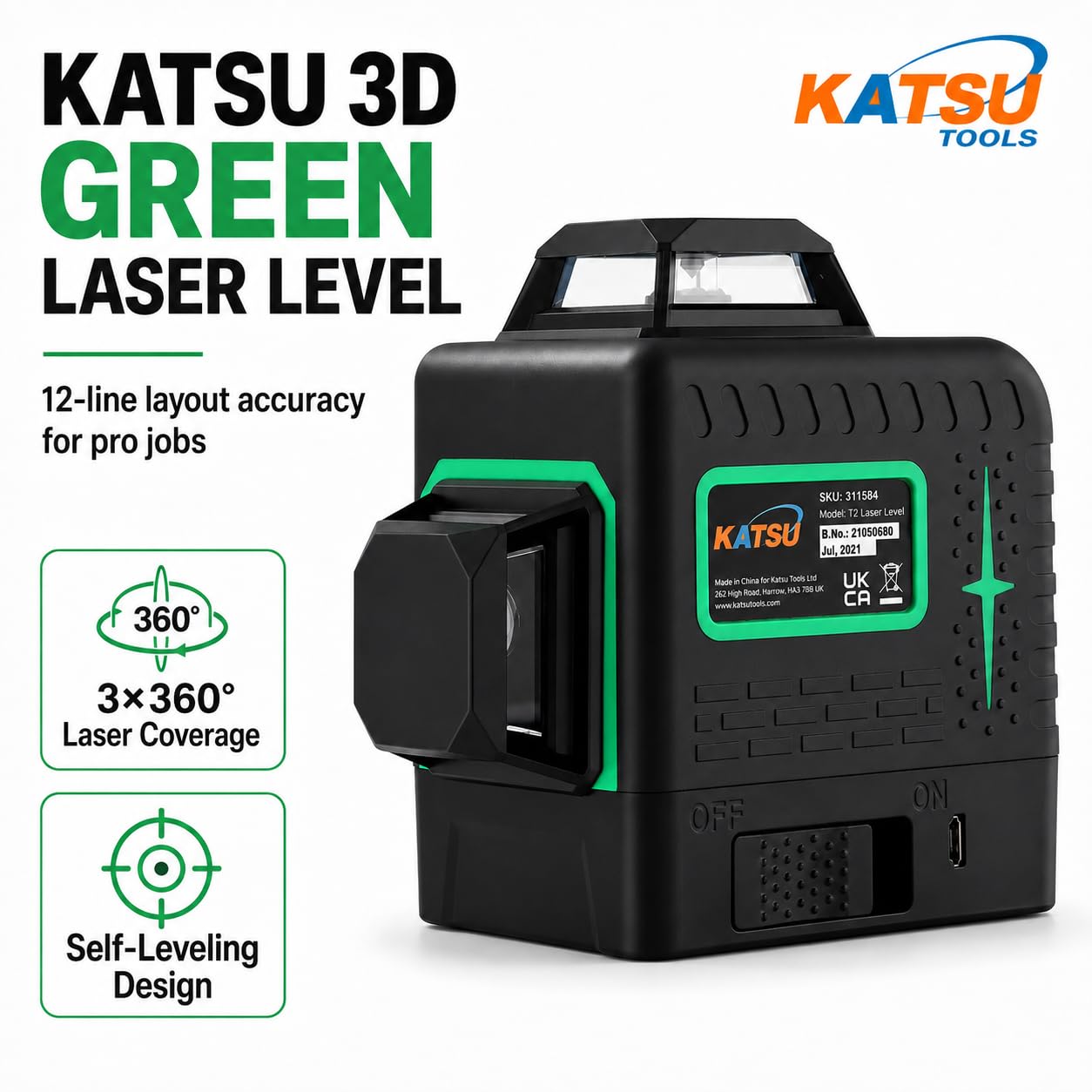 KATSU Niveau Laser 3D 12 Lignes, 3x360 Degrés Ligne Croix Verte Horizontale Verticale Auto-nivelant Carrelage de Sol Outil Laser avec Mode Impulsion pour Intérieur et Extérieur, 2X Piles Incluses