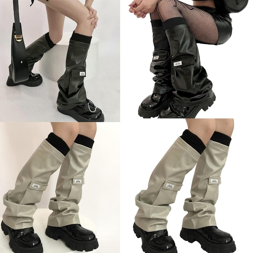 Girls PU Leathers Leg Warmers Flared Leg Sleeves Baggy Cuffs Ankle Heaped Socks Campus Long Socks