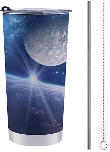 ALLMIX SPOROT Vaso de acero inoxidable de 20 onzas con tapa y pajilla diseño de galaxia planeta y estrellas con aislamiento para café taza de viaje