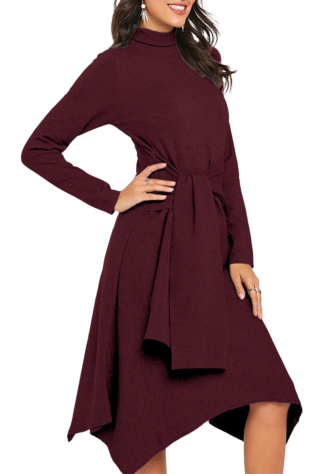 JayscreateEU Abito da donna in maglia per l'autunno, l'inverno, l'autunno, l'autunno, l'autunno, l'autunno, il vestito midi con collo alto, a maniche lunghe, con cintura, abito caldo ad A