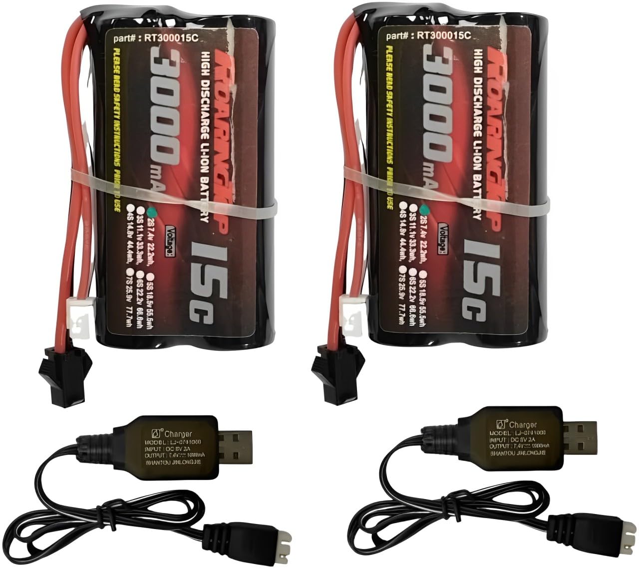 RoaringTop Batterie Li-ION 7,4V 3000mAh 15C avec Prise SM-2P et 2 chargeurs USB pour RC Voiture MN D90/91 MN 99/99S RC Bateau H101 H103 H105 RC Camion