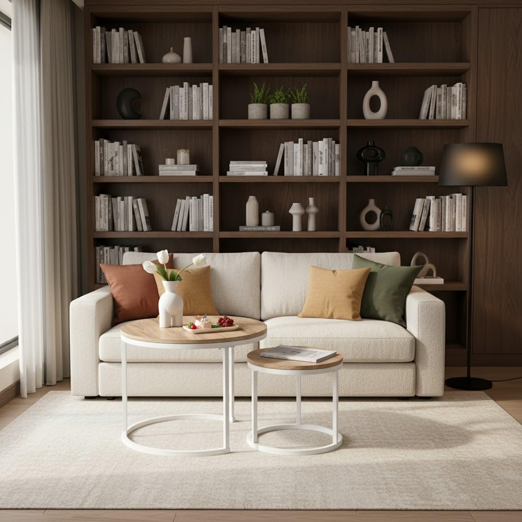 buybyroom 2er-Set verschachtelbare Couchtische im skandinavischen Stil - Runde Wohnzimmertische - 60 x 45 cm und 40 x 35 cm - Eichen-Optik