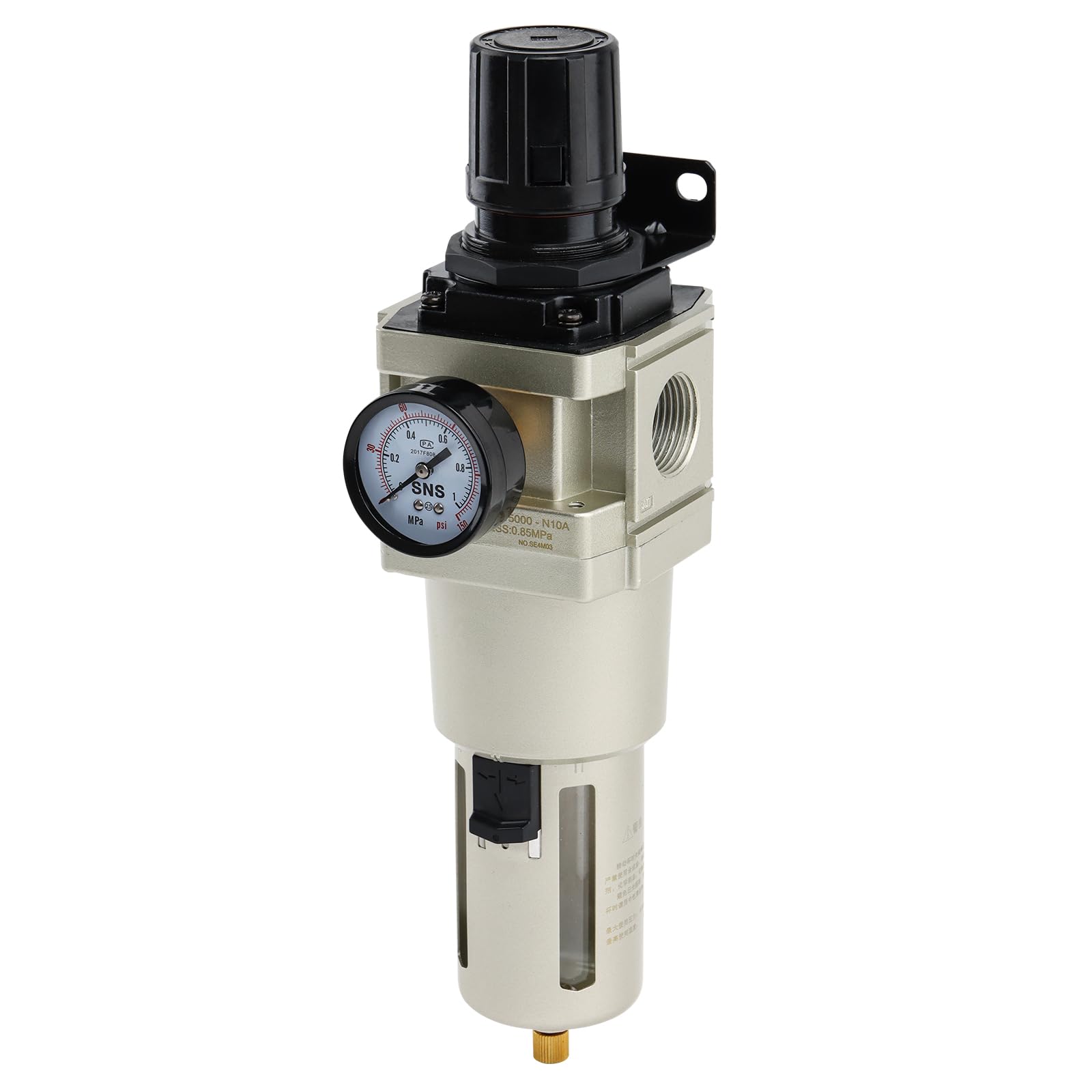 SNS 1”NPT Compressed Air Filter Regulator Piggyback Combo, Semi-auto Drain, 5 Micron Brass Filter, Gauge and Bracket, Poly Bowl with Metal Guard AW5000-N10A