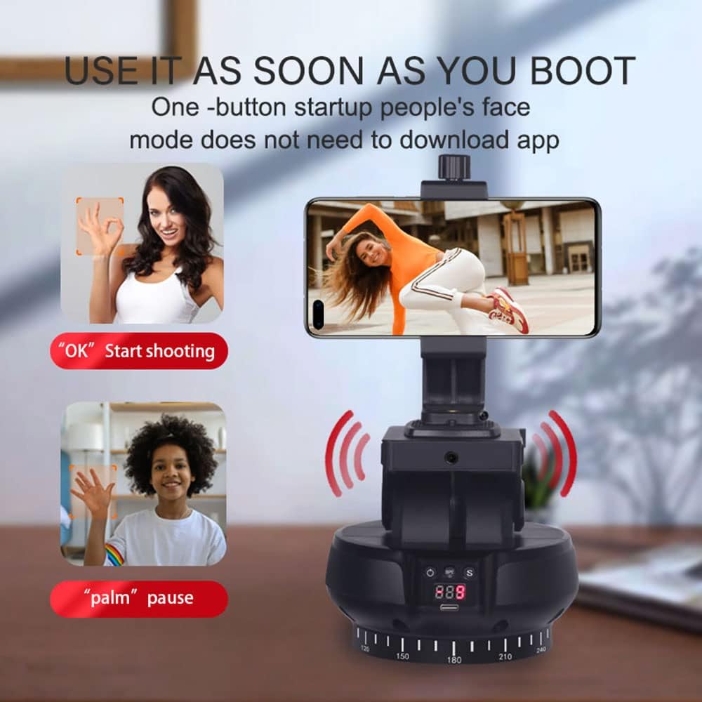 Hand holding the remote control for the YT1200 Pan Tilt Head, with a smartphone mounted on the head in the background.