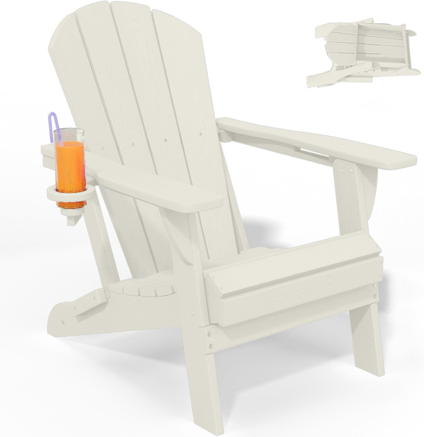 Foldable Adirondack Chair with Cup Holder-Heavy Duty Recycled HDPE Outdoor Patio Furniture, Weather Resistant Deck Lawn Fire Pit Chair (White, 1 Chair)