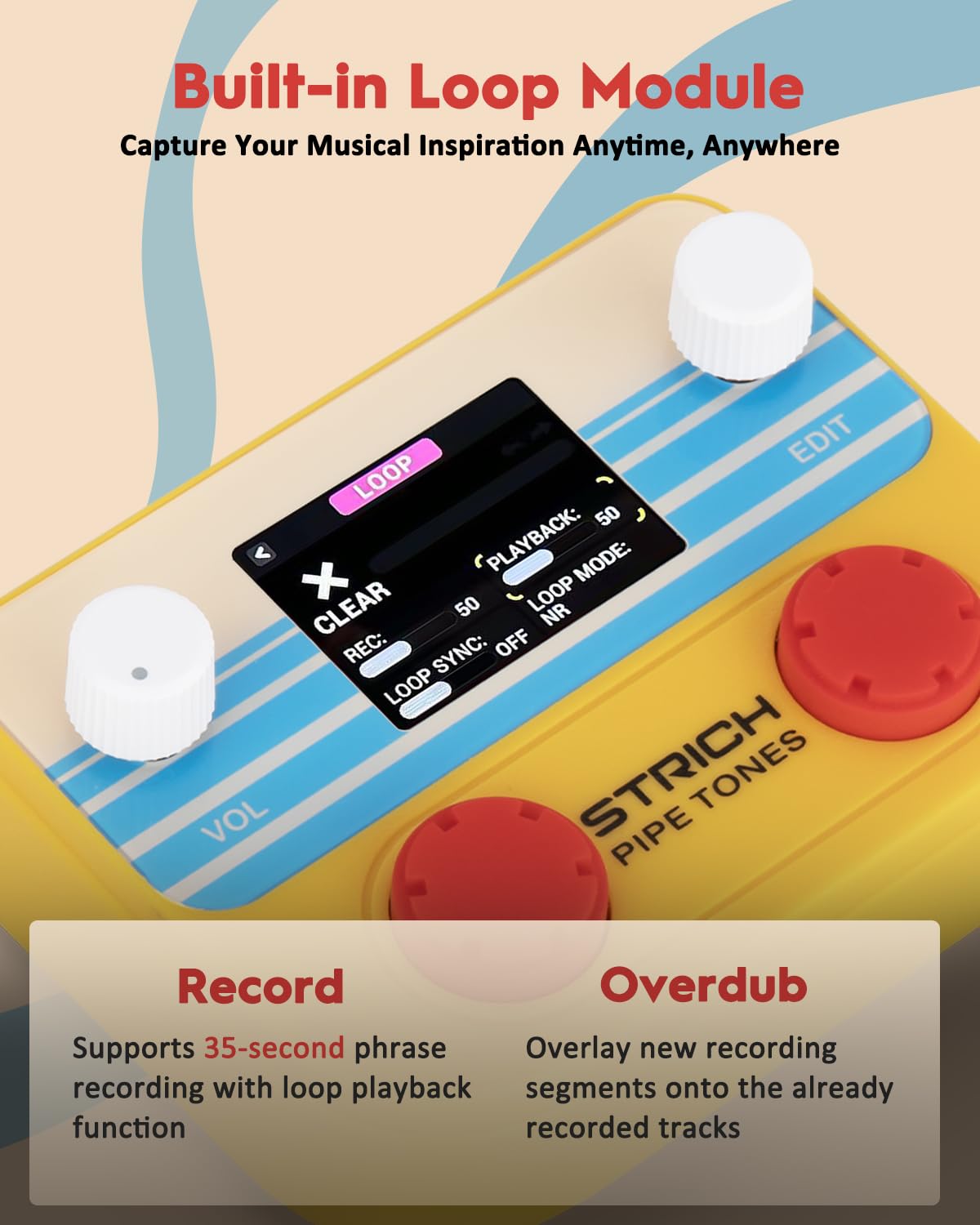STRICH Pipe Tones Pocket Multi-Effects Processor per chitarra e basso con 10 moduli effetto 125 effetti Looper 40s 100 pattern di batteria Interfaccia audio USB Controllo wireless (Arancione)