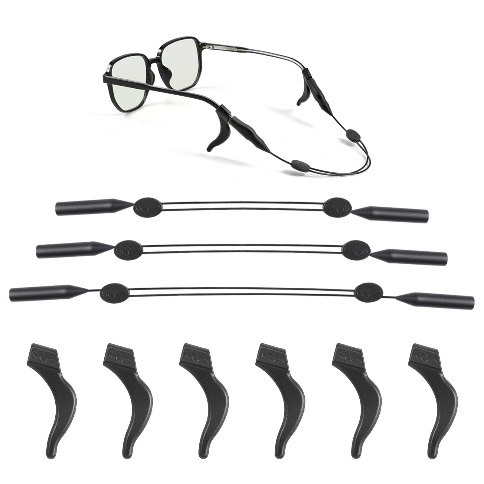 TOYMIS 3 Piezas Correas de Silicona para Gafas con 3 Pares Ganchos para Orejas, Correas Ajustables para Gafas de Sol Cuerda para Gafas Deportivas para Niños Adultos Hombres Mujeres (Negro, 3 Tamaños)