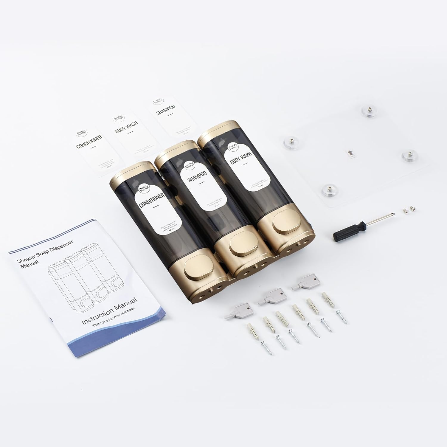 Shampoo and Conditioner Dispenser, Refillabe Shower Soap Dispensers 3 Chamber No Drill Shampoo Dispenser for Shower Wall Mounted 3 * 300ml Container for Bathroom Hotel (Bronze Gold 3 Chamber) - Image 6