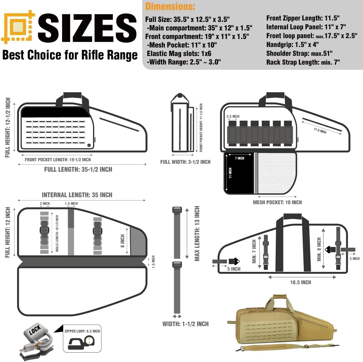 DBTAC Single Rifle Bag 35" (Tan) + Double Rifle Bag 32" (Tan), Lockable Zipper, Durable Material, Compact Design