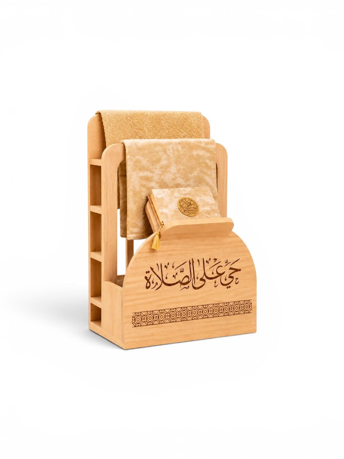 Dropsiq Premium Islamic Prayer Gift Set with Wooden Quran Stand & Prayer Mat | Arabic Engraved Wooden Holder, Janamaz & Matching Pouch | Ramadan, Eid, Hajj, Umrah & Islamic Gift Hamper
