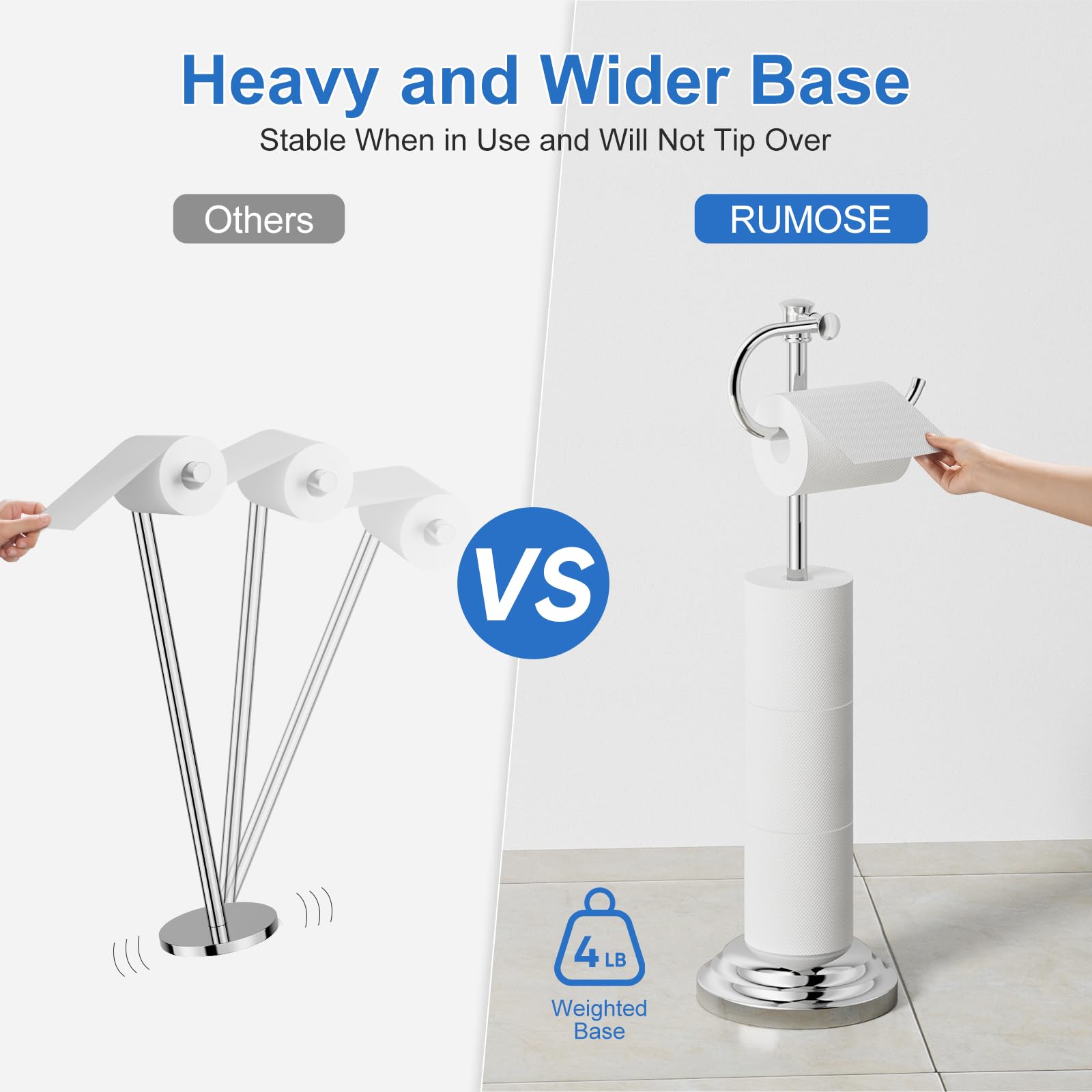 RUMOSE Toilet Paper Holder Stand for Floor Free Standing, Chrome — Amazon image 3
