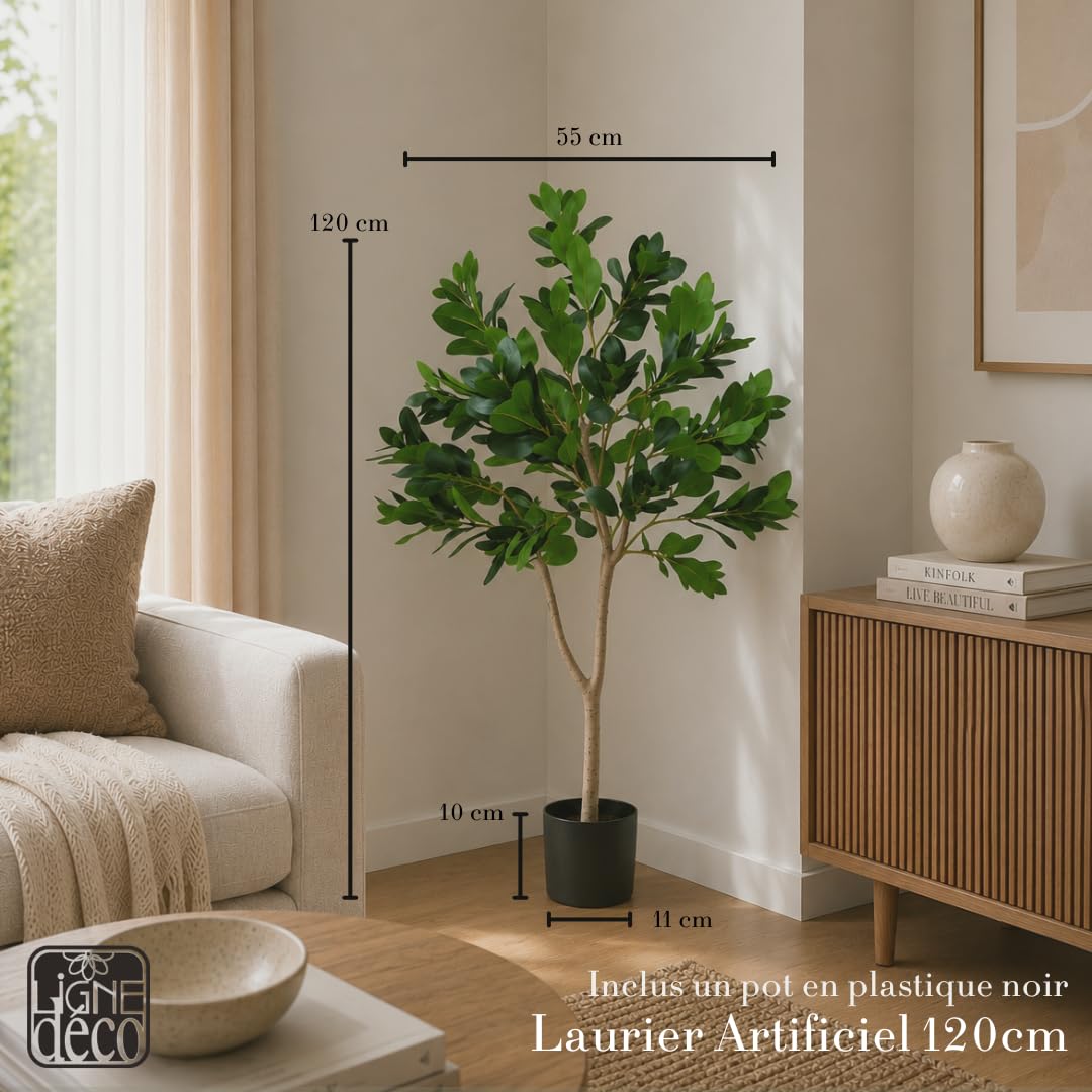 Ligne Déco – Laurier Artificiel 120cm | Plante Artificielle Pot Plastique Noir Imitation Terre