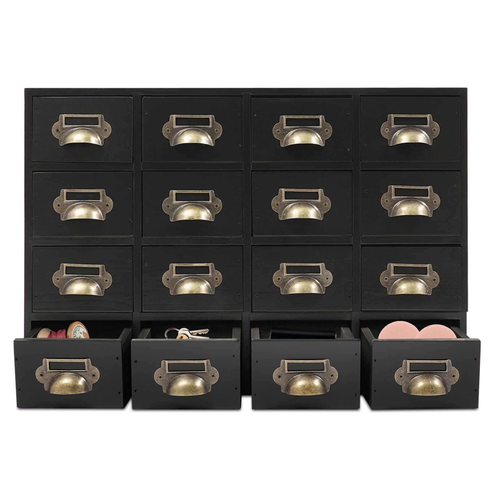 Cassettiera vintage con 16 cassetti in legno, organizer da scrivania per casa, ufficio, officina, erbe, gioielli, cosmetici, materiale fai da te, cassettiera stabile con manici in metallo (nero)