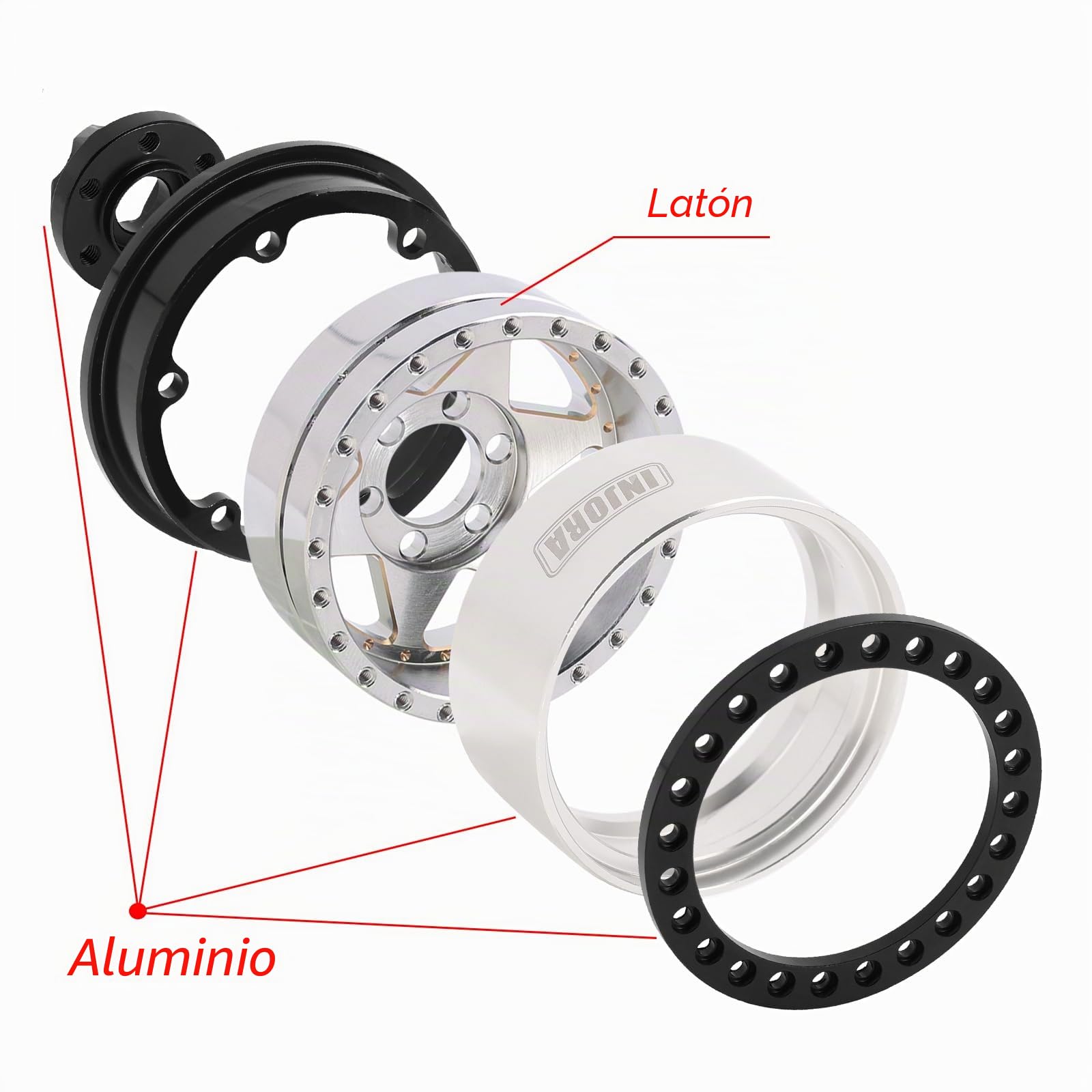 INJORA 1,9" Beadlock Rueda Llanta - 143g Súper Pesado Latón y Aluminio Rueda de Plato Hondo para 1/10 RC Crawler SCX10 TRX4 VS4-10 Gen8,Plata