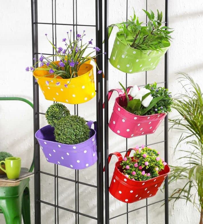 Ezzu Crafts Multicolour Metal Polka Dot Oval Rail Planters, Detachable Flower Pots, Oval Planters for Balcony, Railing Planter withIron Fence Bucket Outdoor Flower Pot for Patio(Set of 5) (B0B4W7YB9Y) Amazon Price History, Amazon Price Tracker
